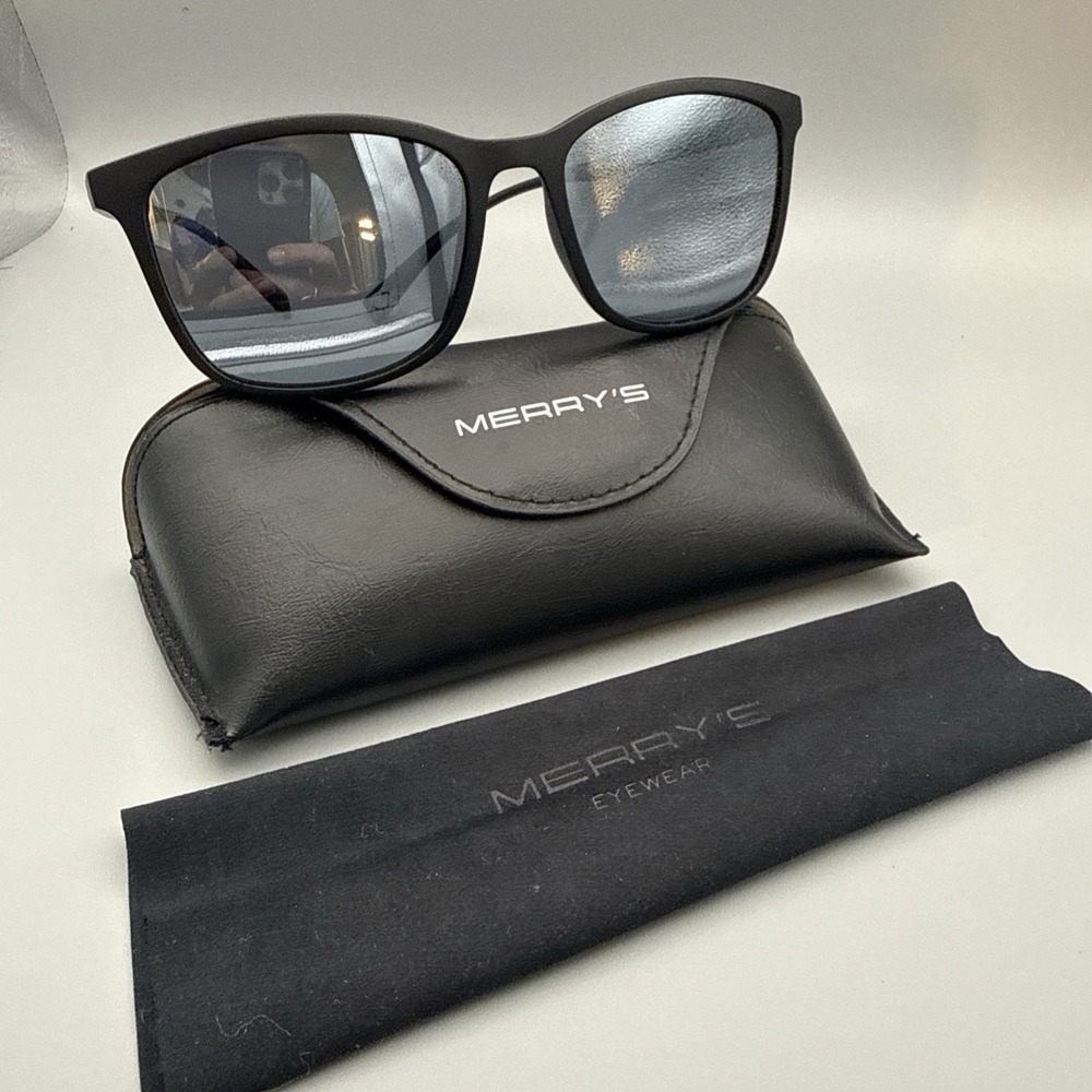 MERRY's Polarized Authentic Sunglasses S8668-Black/Silver w/Mirror Lens & Case